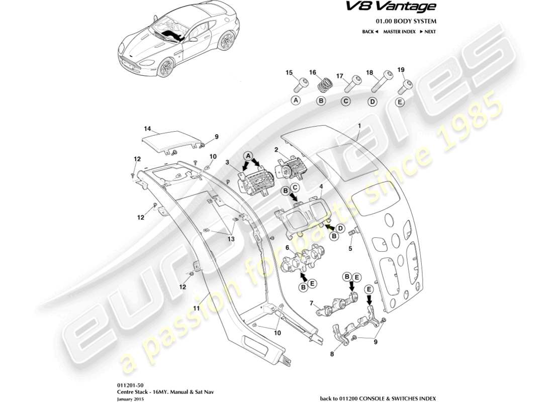 aston martin v8 vantage (2015) centre stack, manual, 16my part diagram