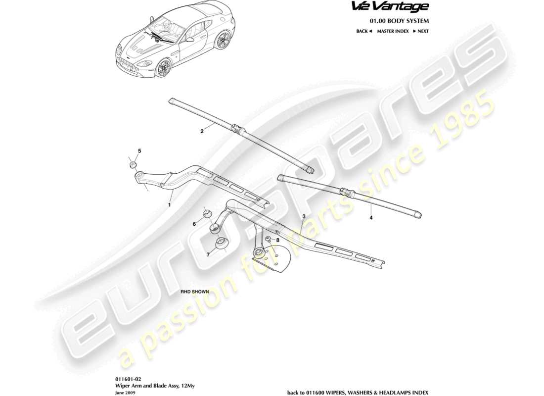 aston martin v12 vantage (2012) wiper blade assembly, 12my part diagram