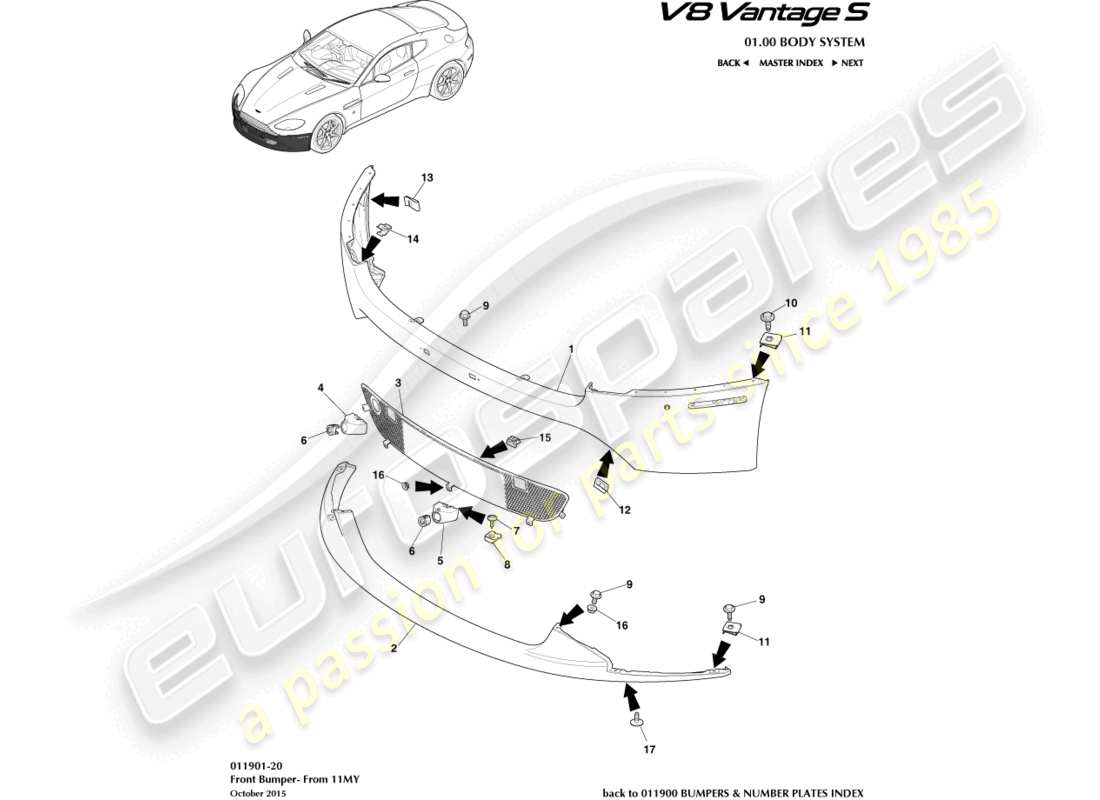 aston martin v8 vantage (2015) front bumper, 12.25my on & v8s part diagram