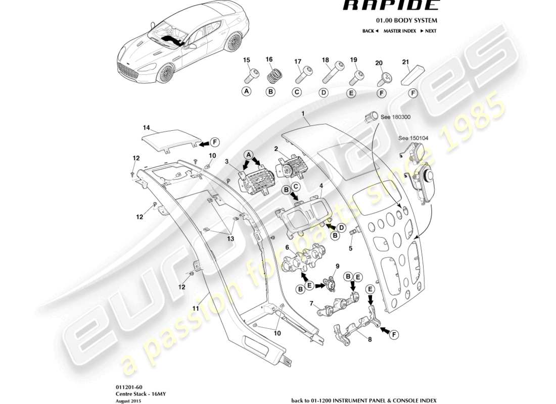 aston martin rapide (2013) centre stack trim panel, s 16my part diagram