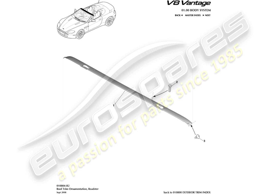 aston martin v8 vantage (2006) roof trim, roadster parts diagram