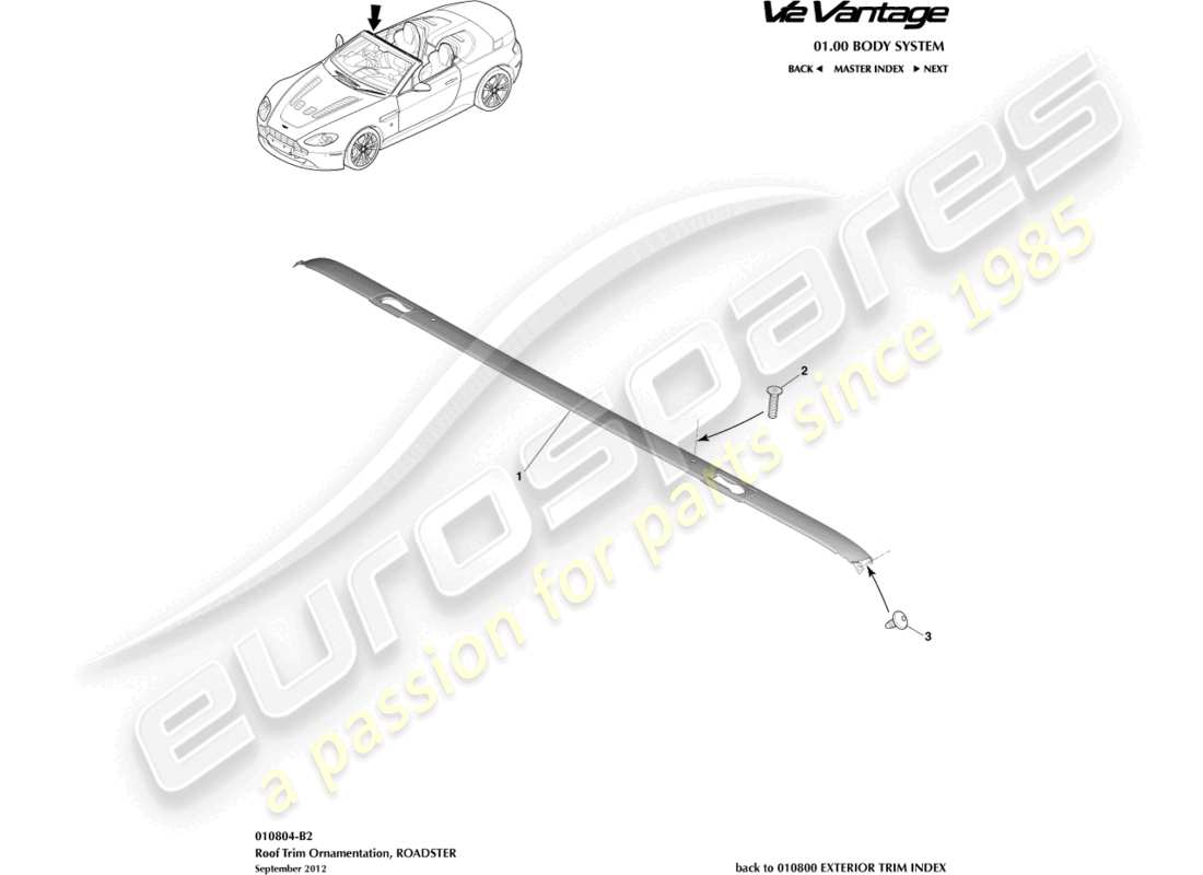 aston martin v12 vantage (2013) roof trim, roadster part diagram