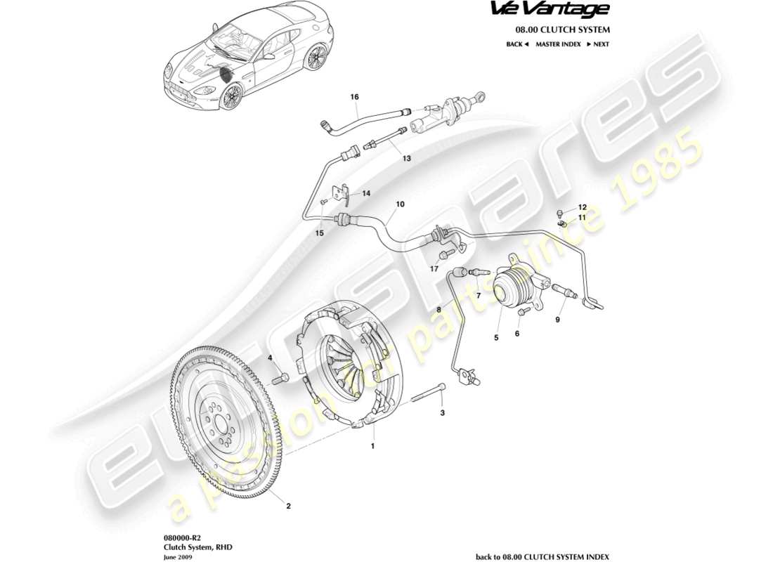 aston martin v12 vantage (2011) clutch system, rhd part diagram
