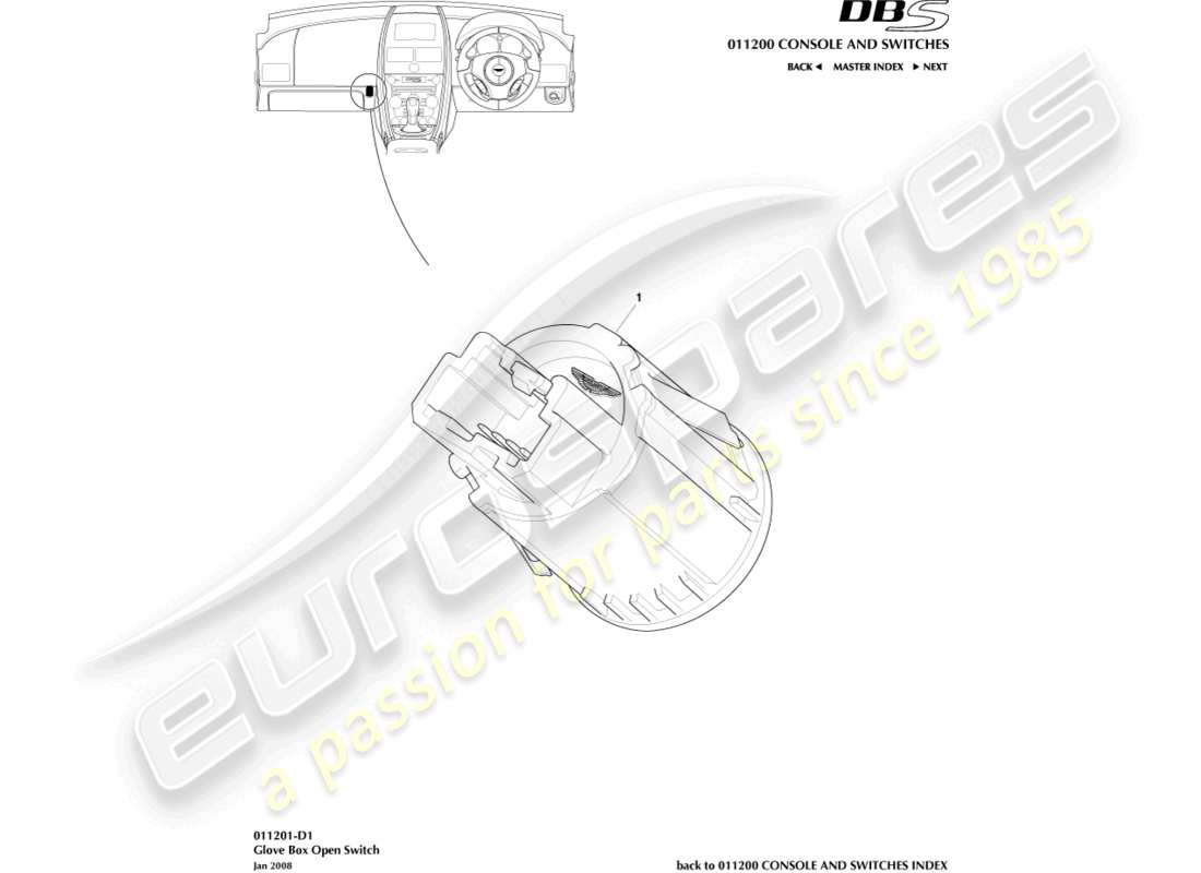 aston martin dbs (2008) glove box switch part diagram