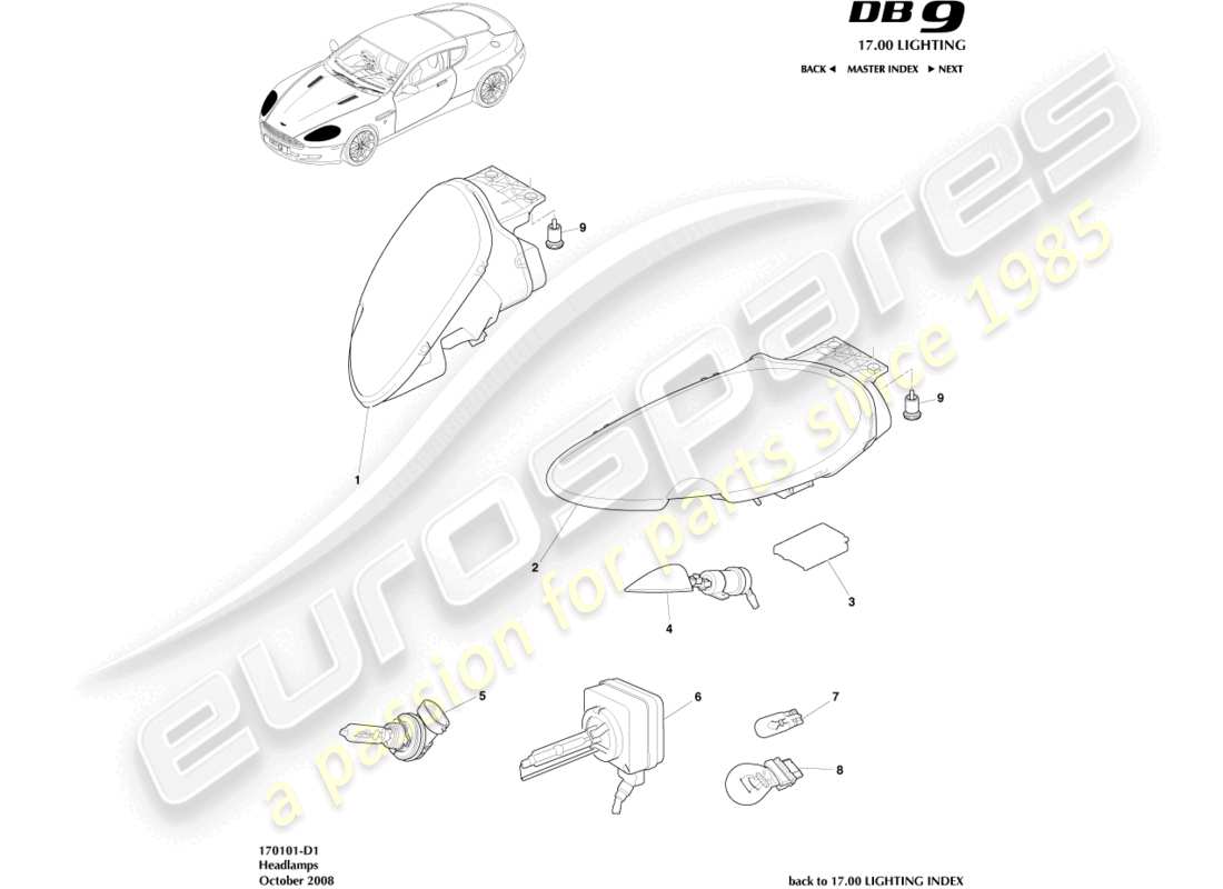 aston martin db9 (2005) headlights part diagram