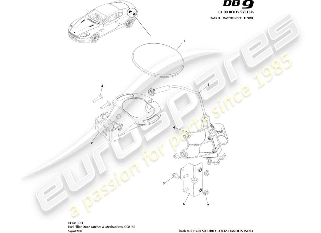 aston martin db9 (2005) fuel filler mechanism, coupe part diagram