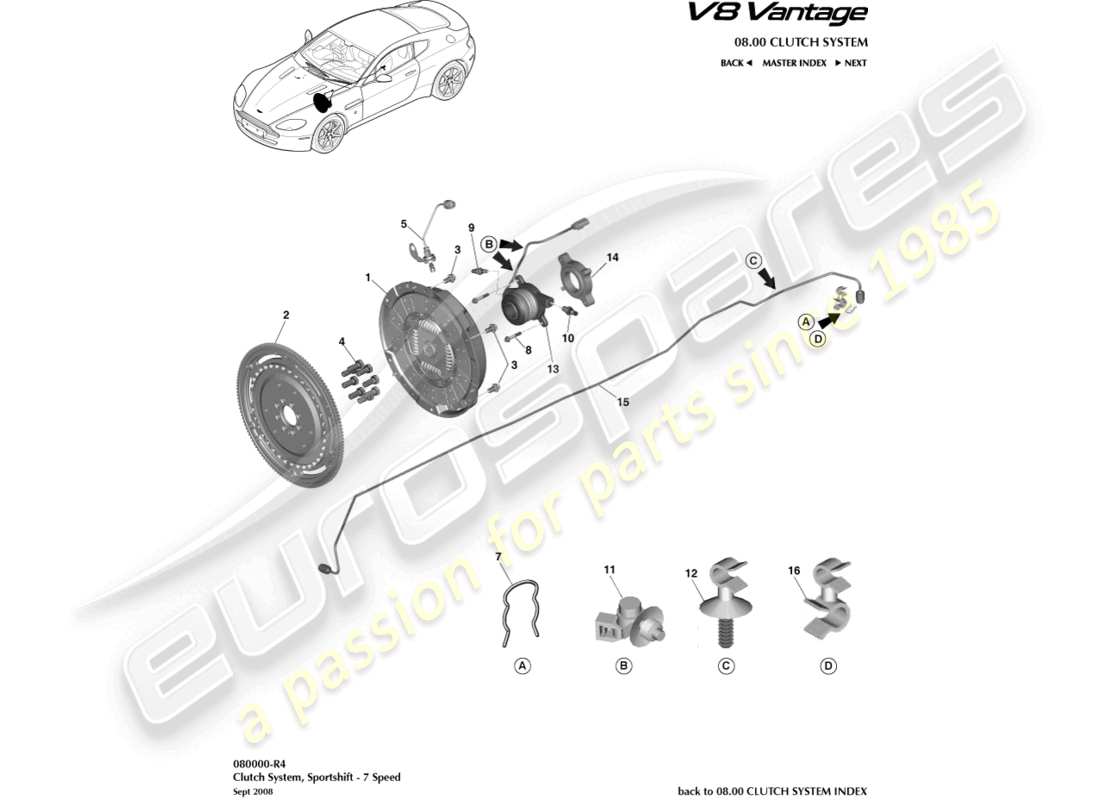 aston martin v8 vantage (2015) clutch system, sportshift 7 spd part diagram