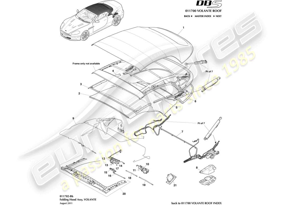 aston martin dbs (2010) volante roof assembly part diagram