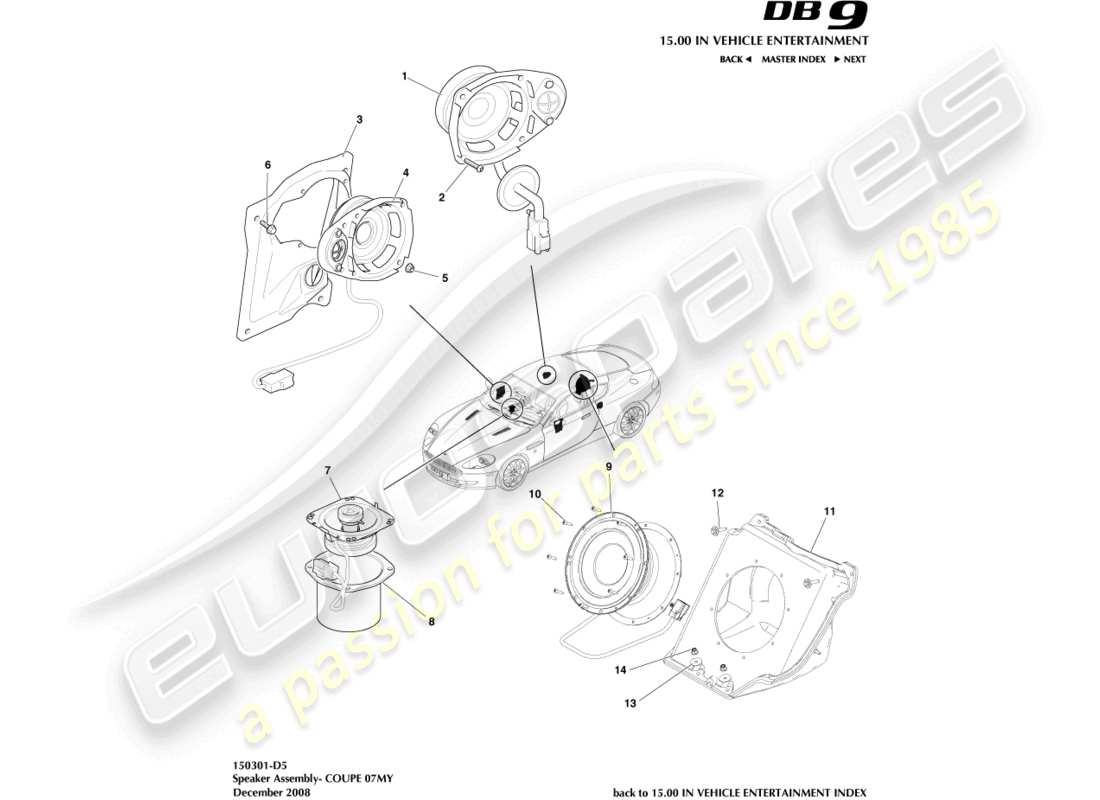 aston martin db9 (2009) speakers, 07my, coupe part diagram