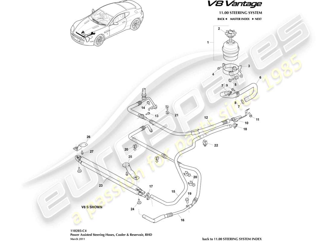 aston martin v8 vantage (2018) cooler, hoses & reservoir, rhd part diagram