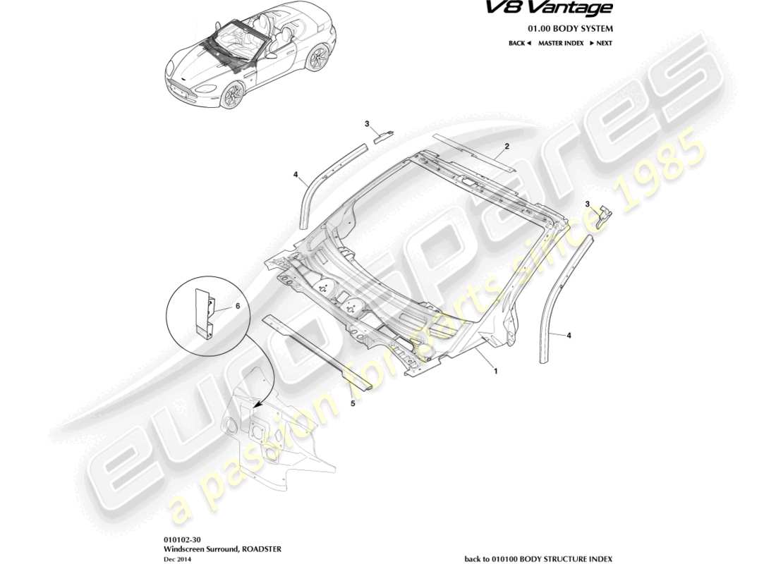 aston martin v8 vantage (2018) body dash and cowl, roadster part diagram