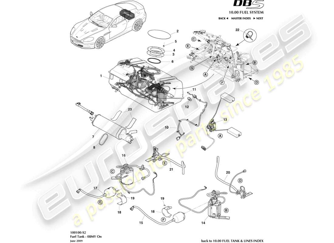 aston martin dbs (2008) fuel tank assy, 08my on part diagram