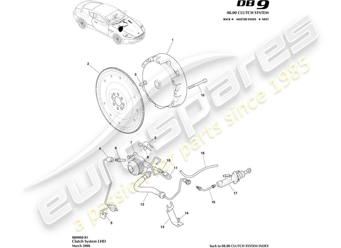 aston martin db9 (2005) clutch system, lhd part diagram