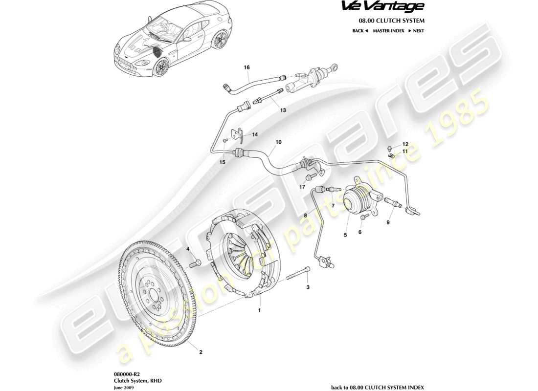 aston martin v12 vantage (2012) clutch system, rhd part diagram