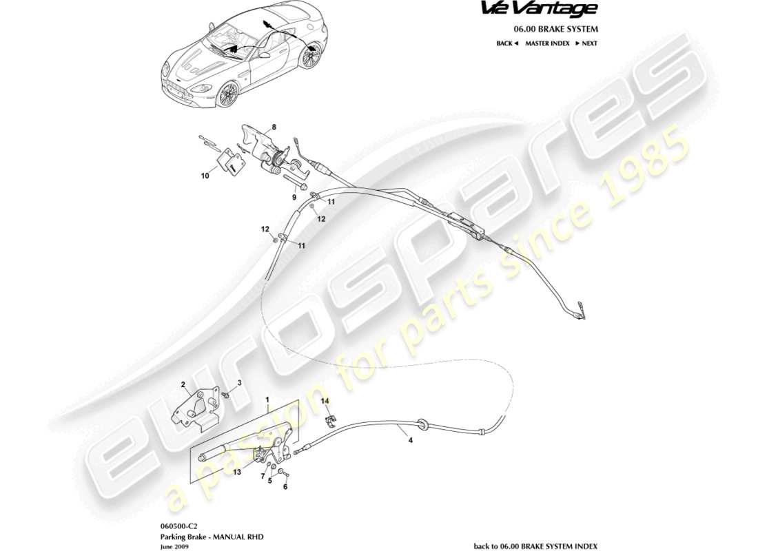 aston martin v12 vantage (2012) parking brake, rhd part diagram