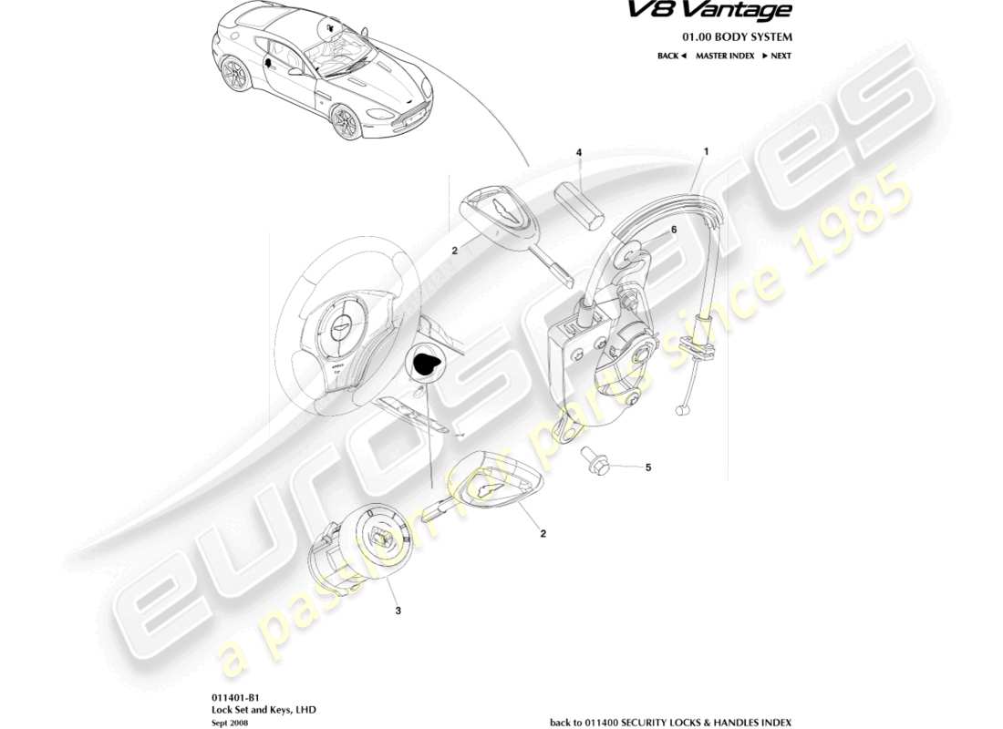 aston martin v8 vantage (2018) lock set and keys, lhd part diagram