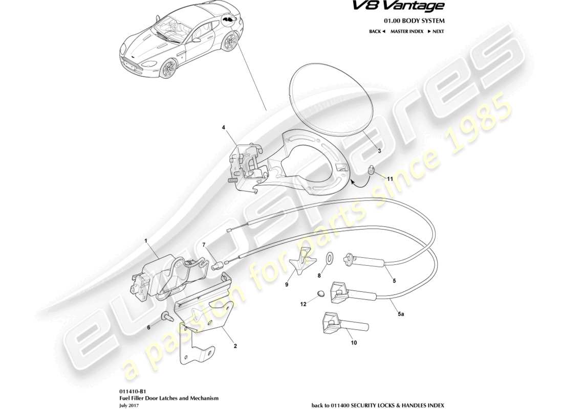 aston martin v8 vantage (2018) fuel filler mechanism, coupe part diagram