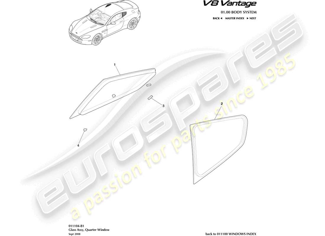 aston martin v8 vantage (2018) rear quarter glass, coupe part diagram