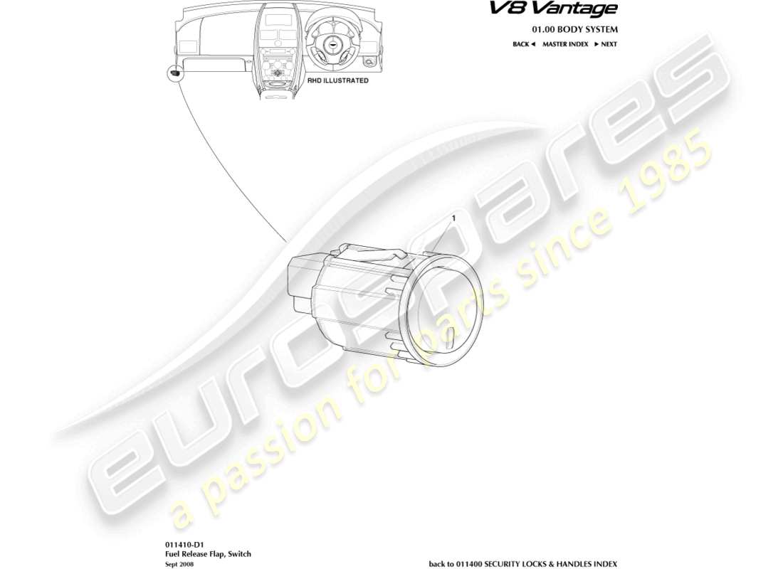 aston martin v8 vantage (2018) fuel filler release switch part diagram