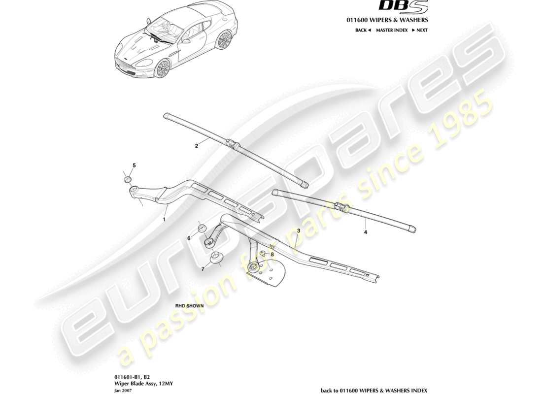 aston martin dbs (2010) wiper blade assembly, 12my part diagram