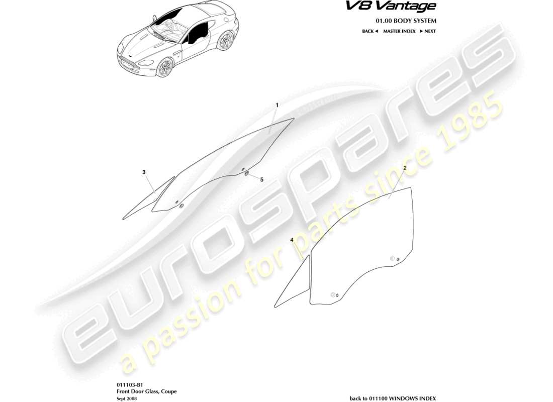 aston martin v8 vantage (2018) door glass, coupe part diagram