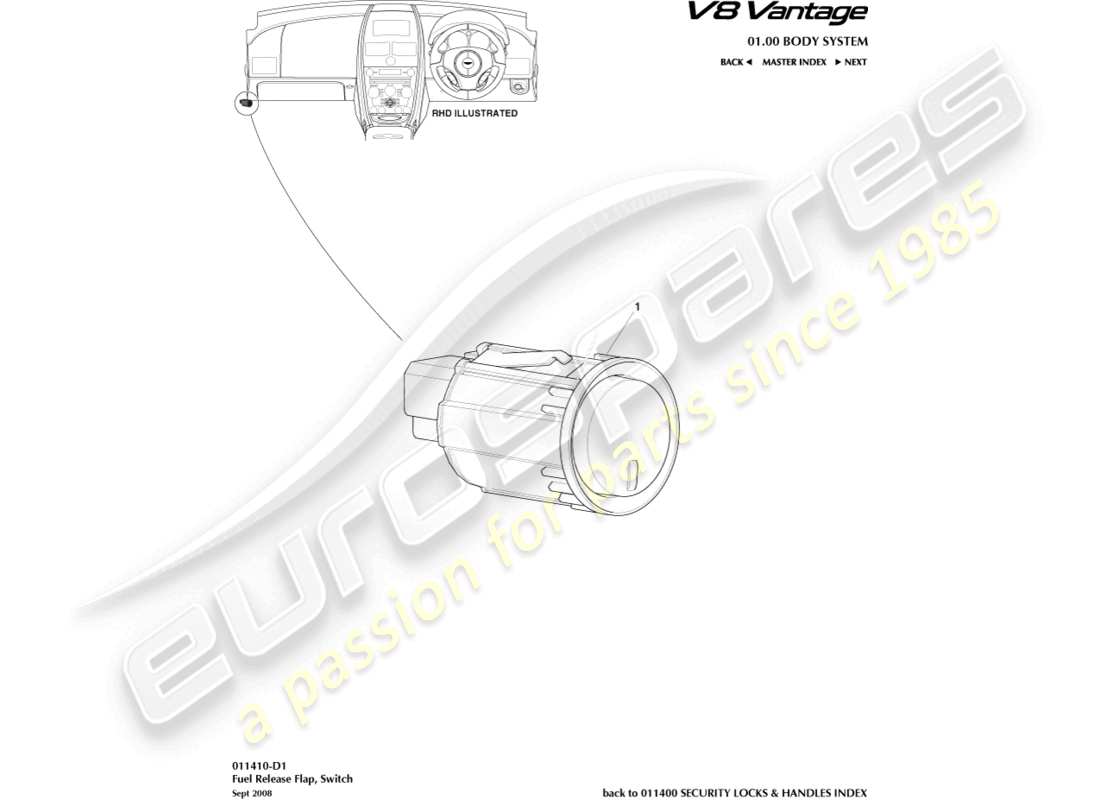 aston martin v8 vantage (2006) fuel filler release switch part diagram