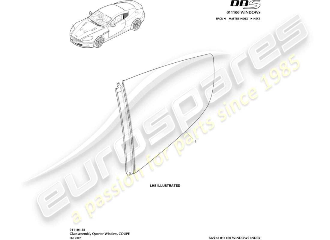 aston martin dbs (2008) rear quarter glass, coupe part diagram