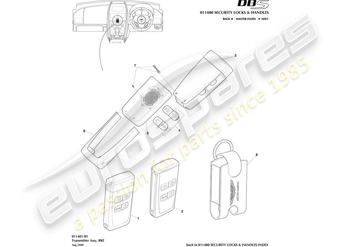 aston martin dbs (2008) transmitter, rke part diagram