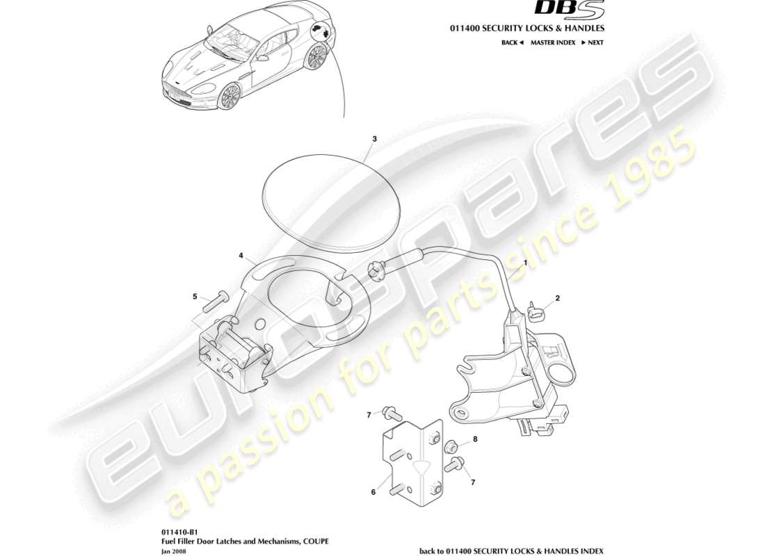 aston martin dbs (2008) fuel filler mechanism, coupe part diagram