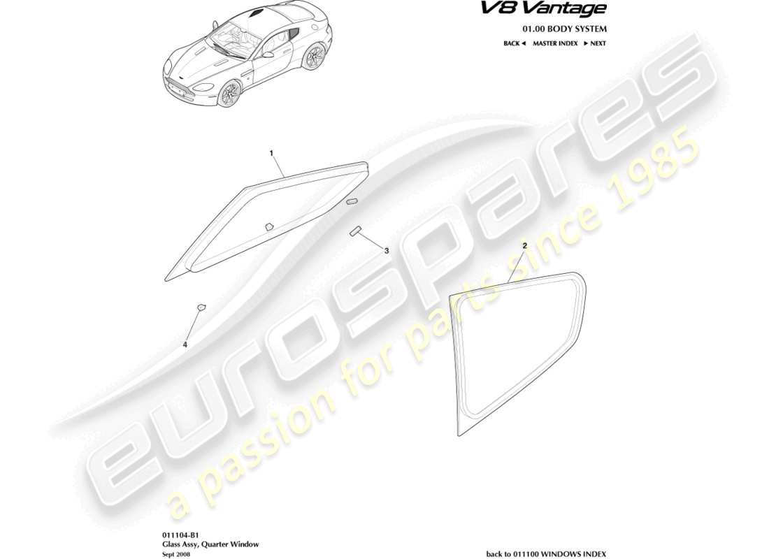 aston martin vantage gt8 (2017) rear quarter glass, coupe part diagram