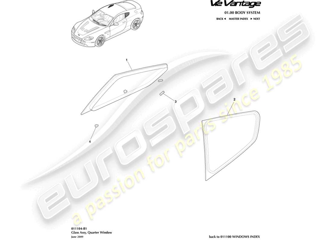 aston martin v12 vantage (2013) rear quarter glass, coupe part diagram