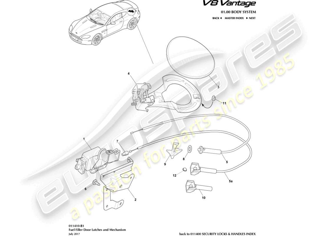 aston martin v8 vantage (2015) fuel filler mechanism, coupe part diagram