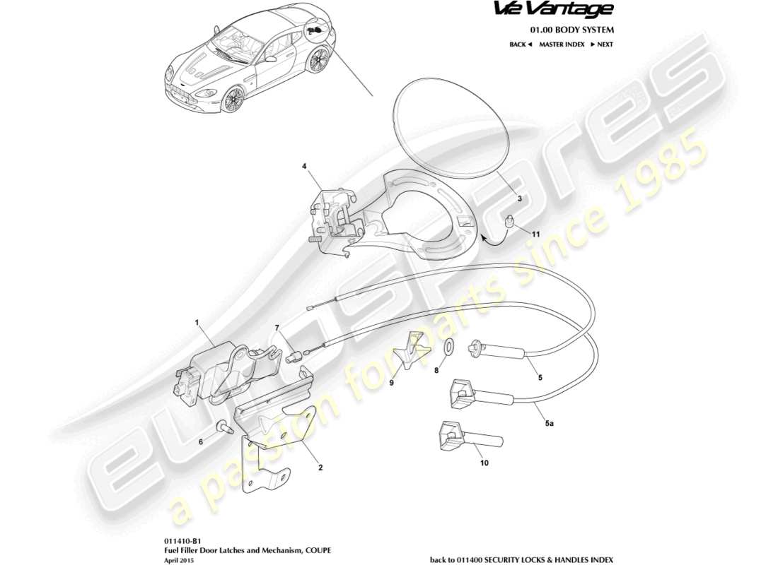 aston martin v12 vantage (2010) fuel filler mechanism, coupe part diagram