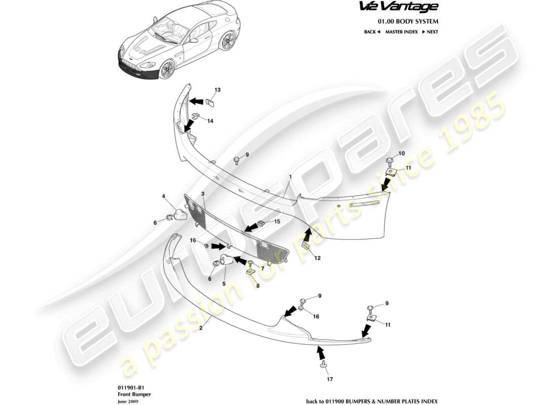 aston martin v12 vantage (2010) front bumper parts diagram