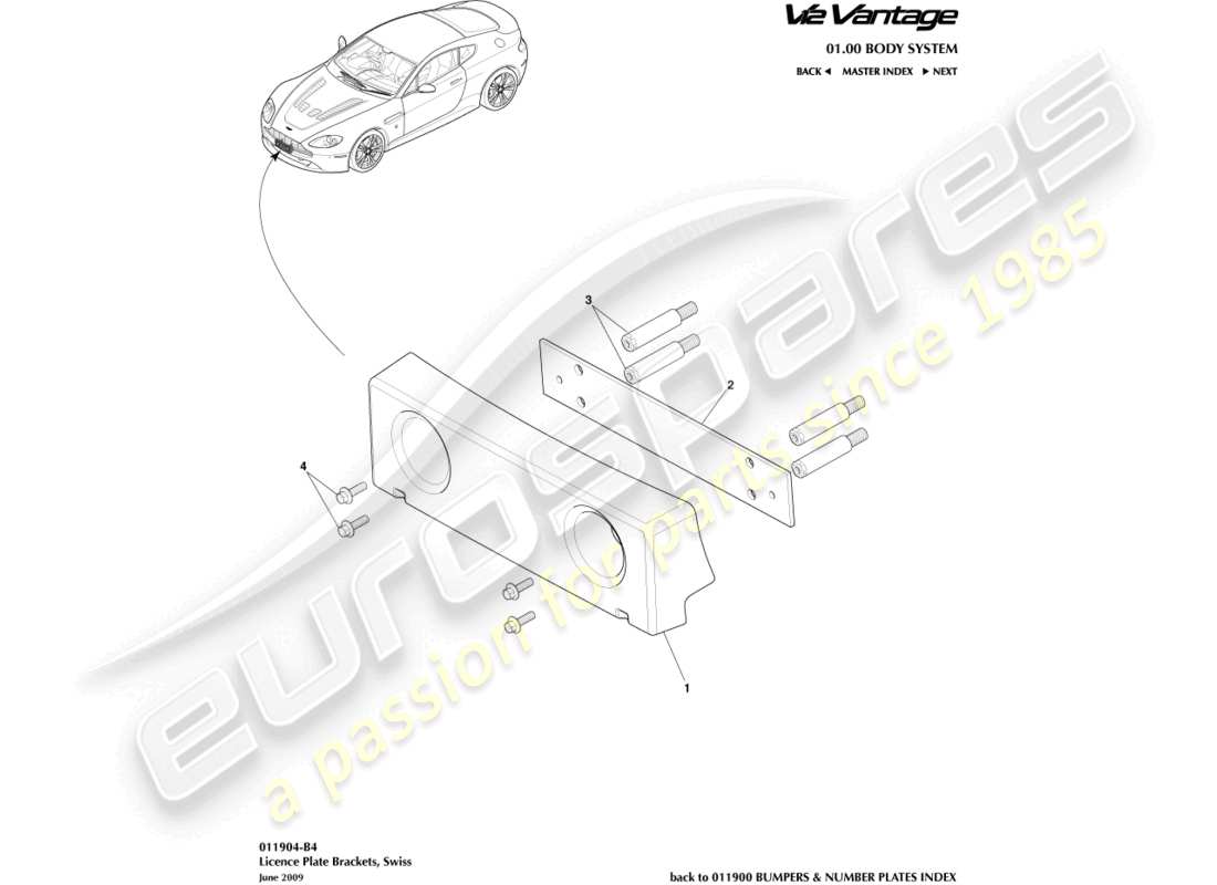 aston martin v12 vantage (2010) license plate brackets, swiss part diagram