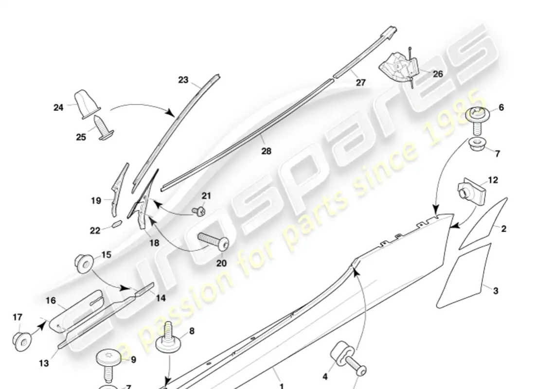 aston martin dbs (2011) bodyside & quarter trim, volante parts diagram