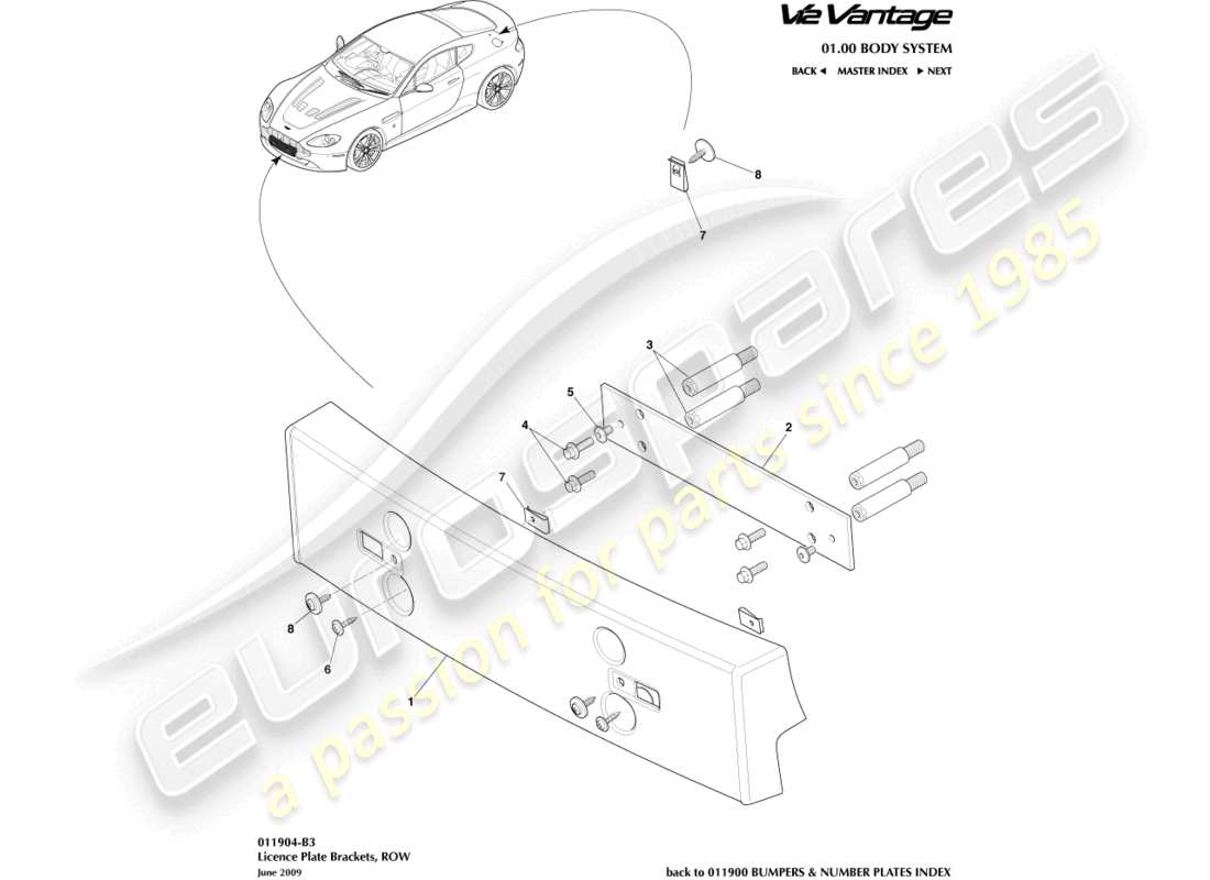 aston martin v12 vantage (2012) license plate brackets, row part diagram