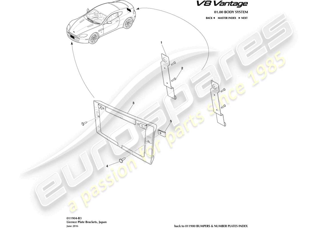 aston martin v8 vantage (2008) license plate brackets, japan parts diagram