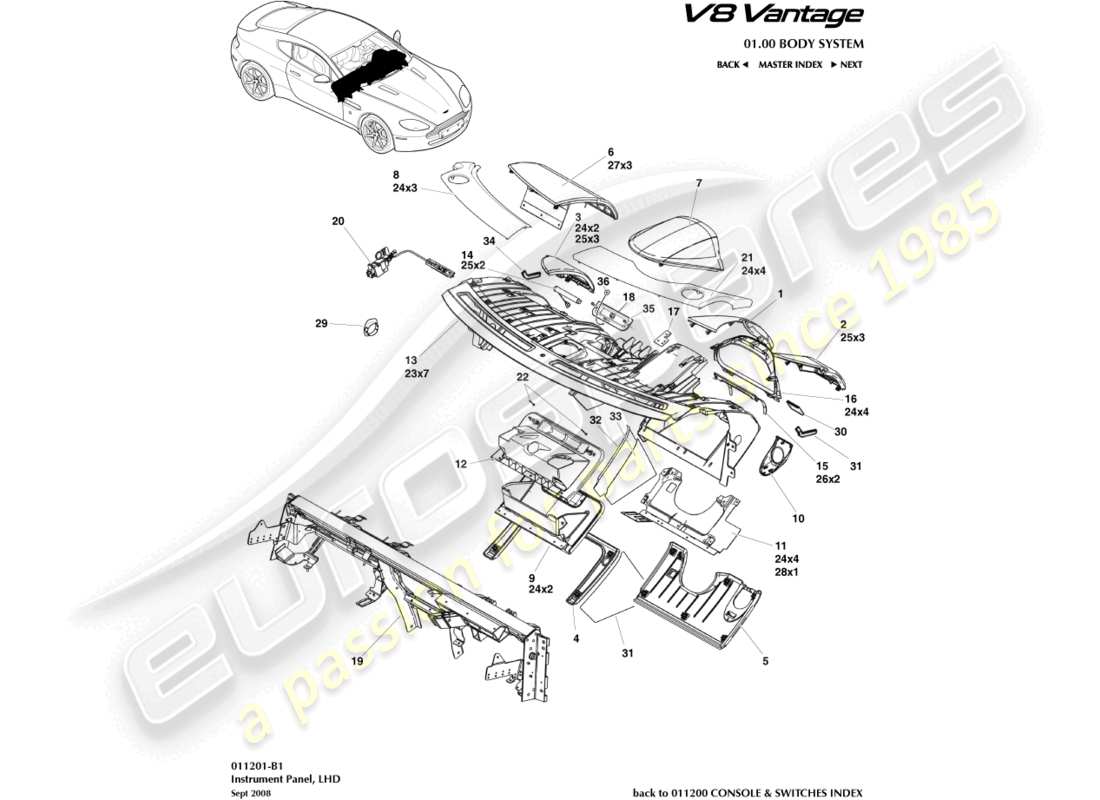 aston martin v8 vantage (2018) instrument panel, lhd part diagram