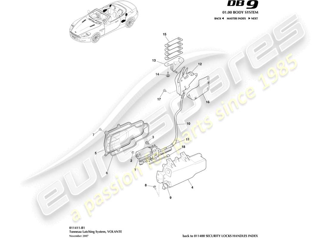 aston martin db9 (2008) tonneau latching system parts diagram