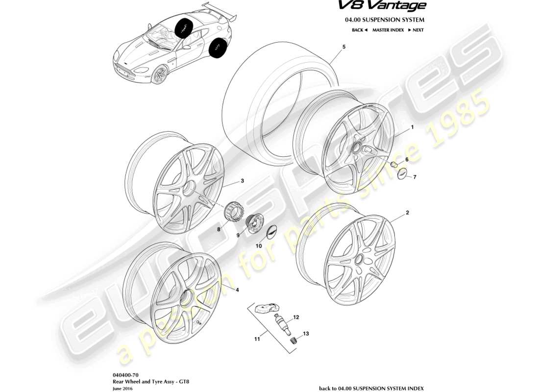 aston martin v8 vantage (2018) rear wheels & tyres, gt8 part diagram