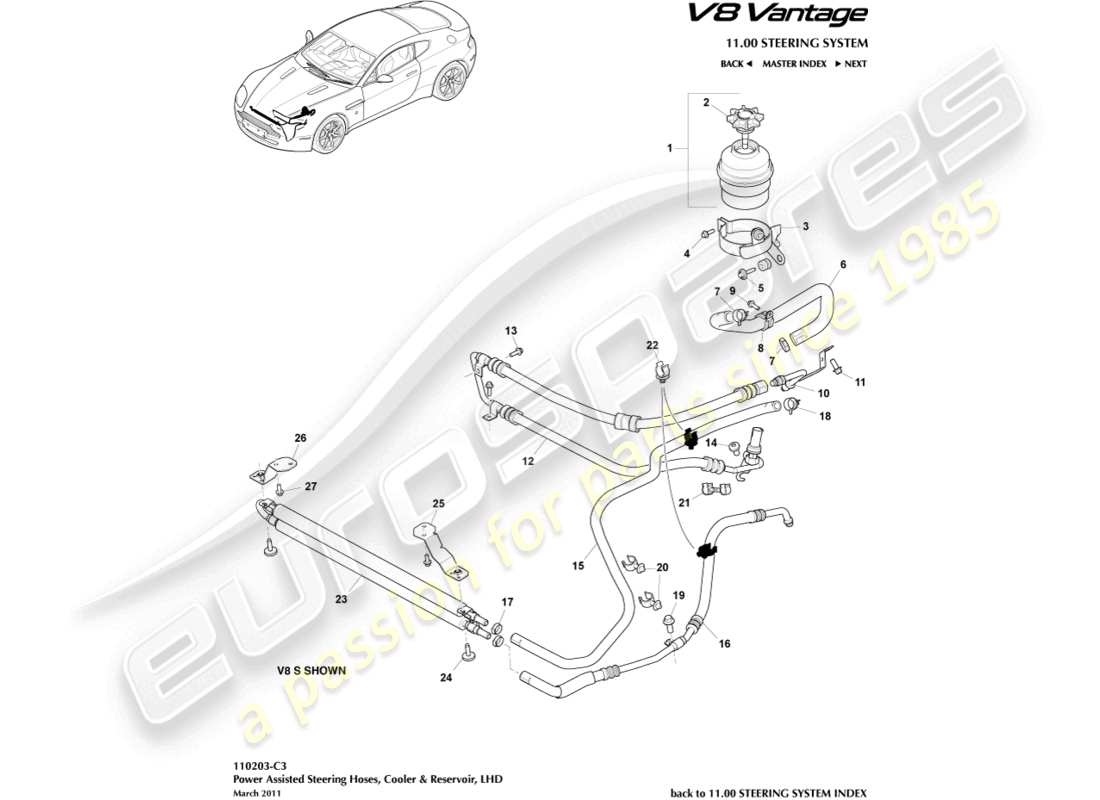 aston martin v8 vantage (2015) cooler, hoses & reservoir, lhd part diagram