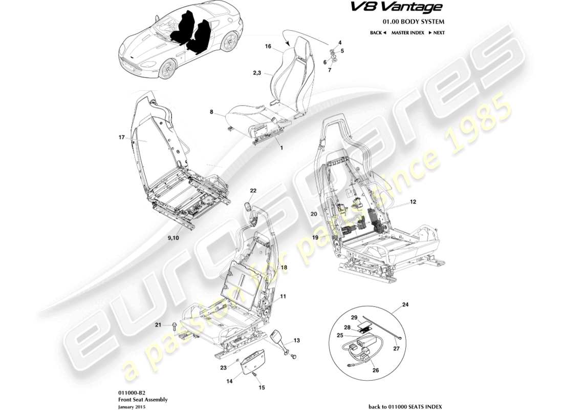 aston martin v8 vantage (2018) front seat part diagram