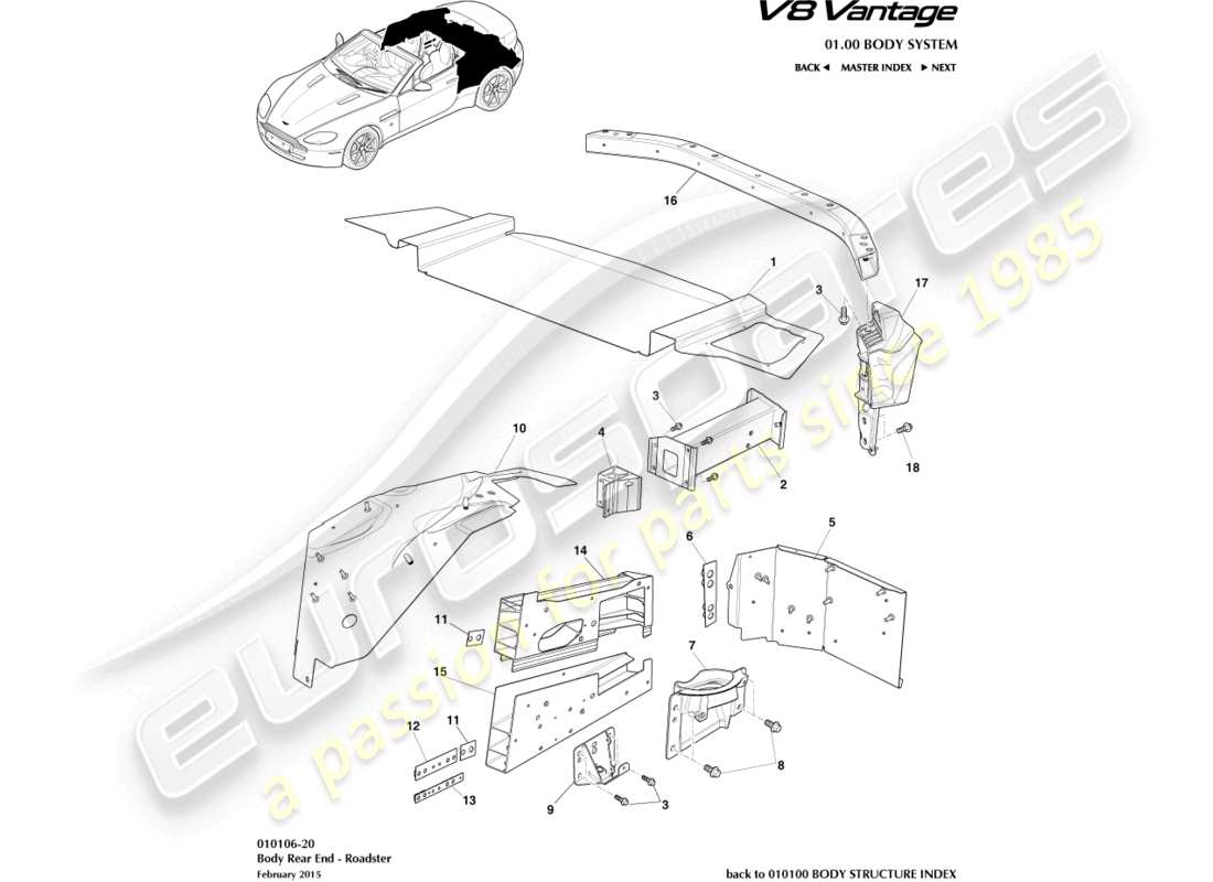 aston martin v8 vantage (2015) body rear end, roadster part diagram