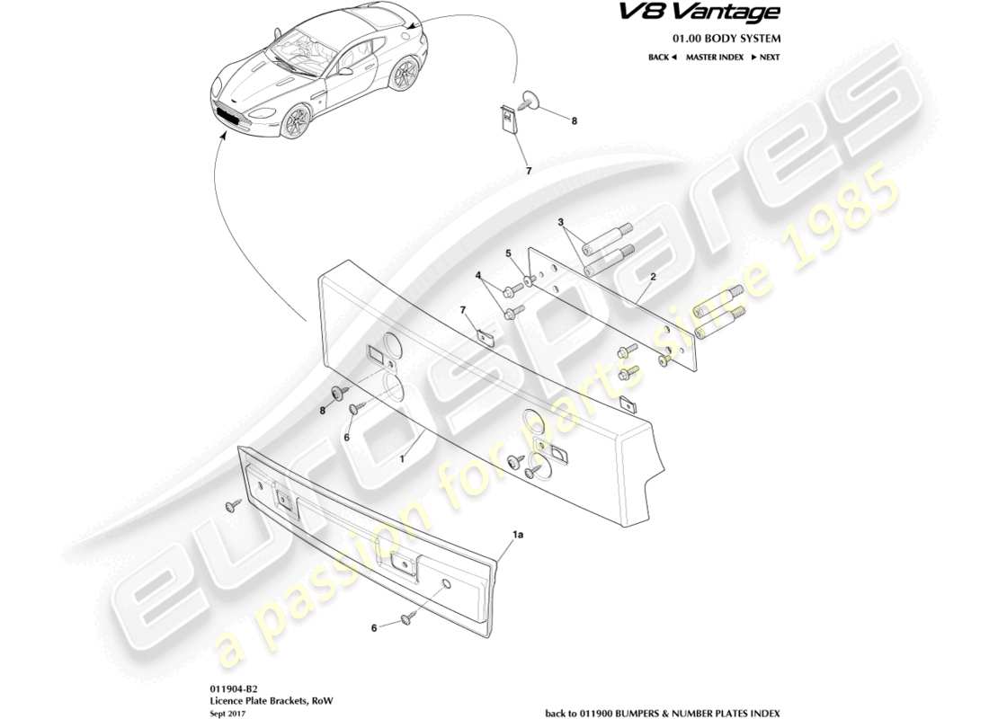 aston martin v8 vantage (2018) license plate brackets, row part diagram