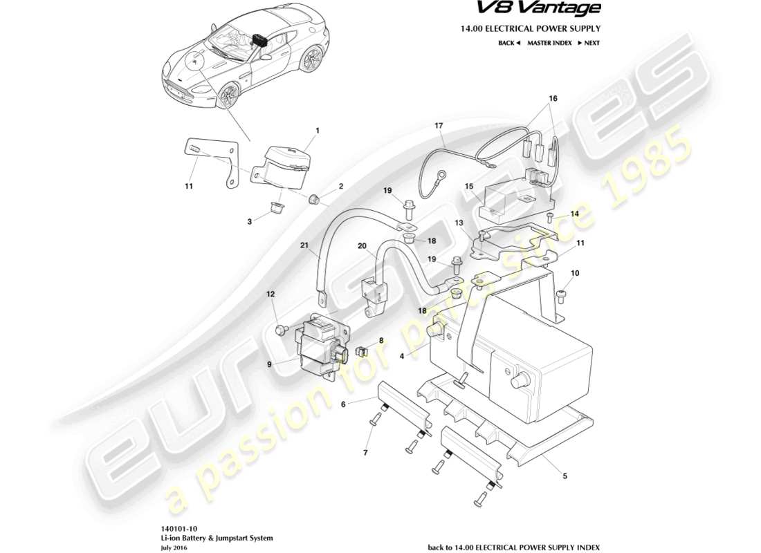 aston martin v8 vantage (2018) battery, lithium ion part diagram