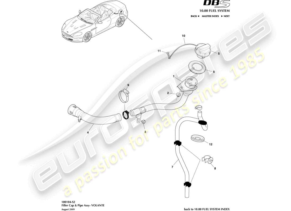 aston martin dbs (2007) fuel filler cap & pipe, volante part diagram