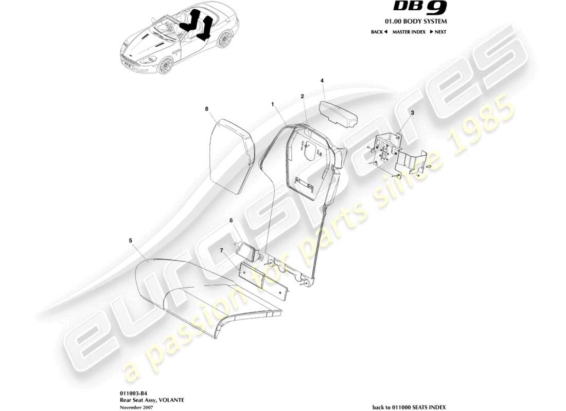 aston martin db9 (2011) rear seat, volante part diagram