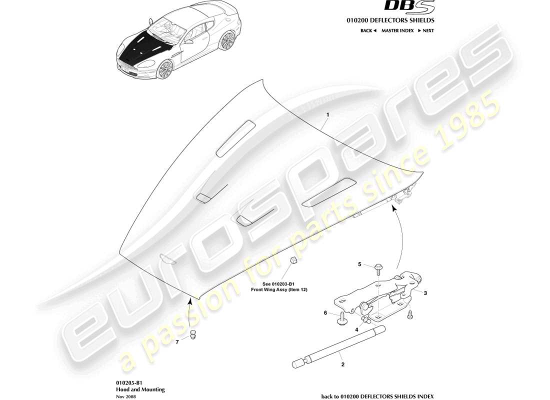 aston martin dbs (2010) bonnet and mounting part diagram