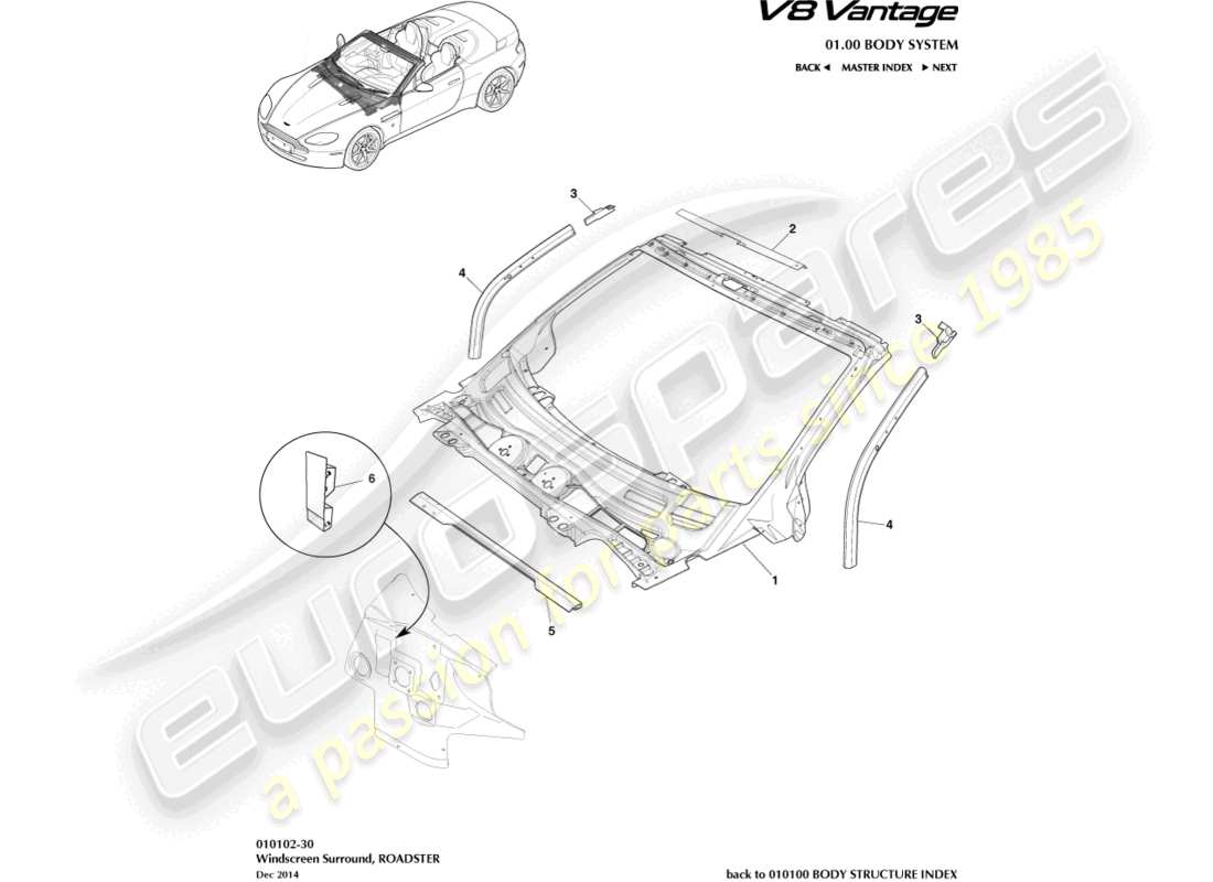 aston martin v8 vantage (2010) body dash and cowl, roadster part diagram